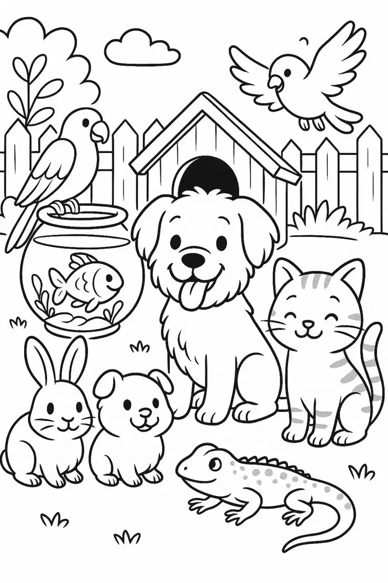 Bé làm quen thú cưng với tranh tô màu con vật nuôi trong gia đình