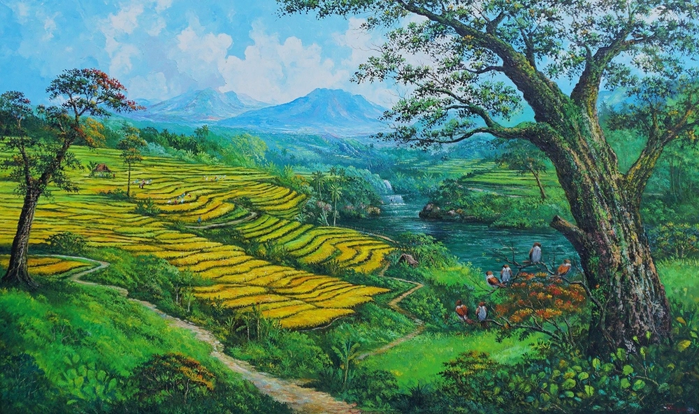 Khám phá vẻ đẹp tranh phong cảnh đồng lúa vàng óng hấp dẫn