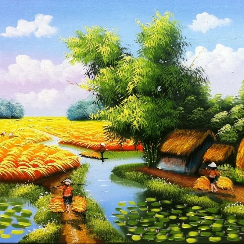 Tranh phong cảnh đồng quê gợi nhớ tuổi thơ yên ả