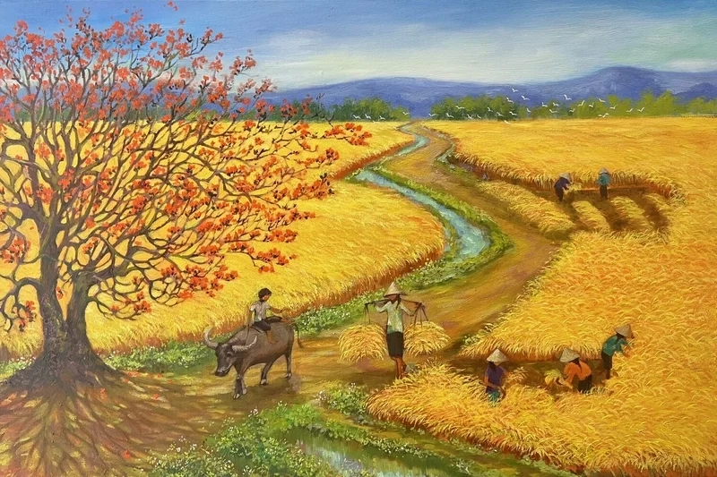 Tranh phong cảnh đồng lúa tái hiện mùa vàng bội thu