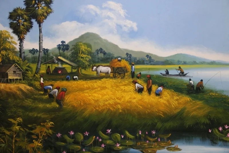 Tranh đồng lúa chín rực rỡ ánh nắng mùa thu