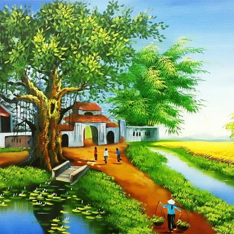 Tranh phong cảnh gặt lúa tái hiện nhịp sống lao động