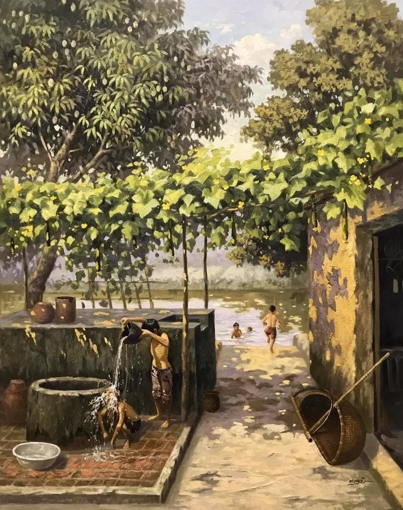 Thư giãn cùng tranh phong cảnh làng quê đơn giản nhẹ nhàng