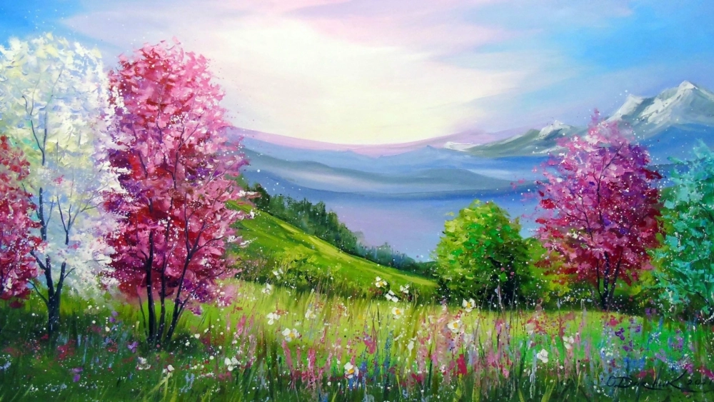 Tham khảo tranh phong cảnh mùa xuân lớp 7 cho bài tập mỹ thuật