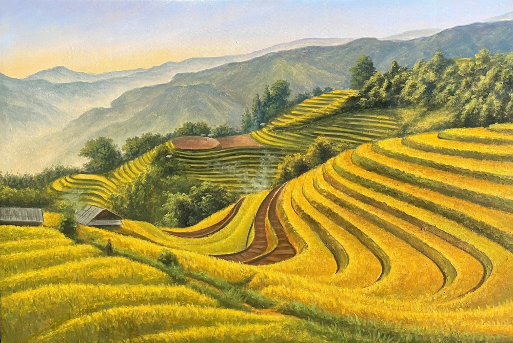 Tranh phong cảnh đồng lúa chín vàng rực mùa thu hoạch
