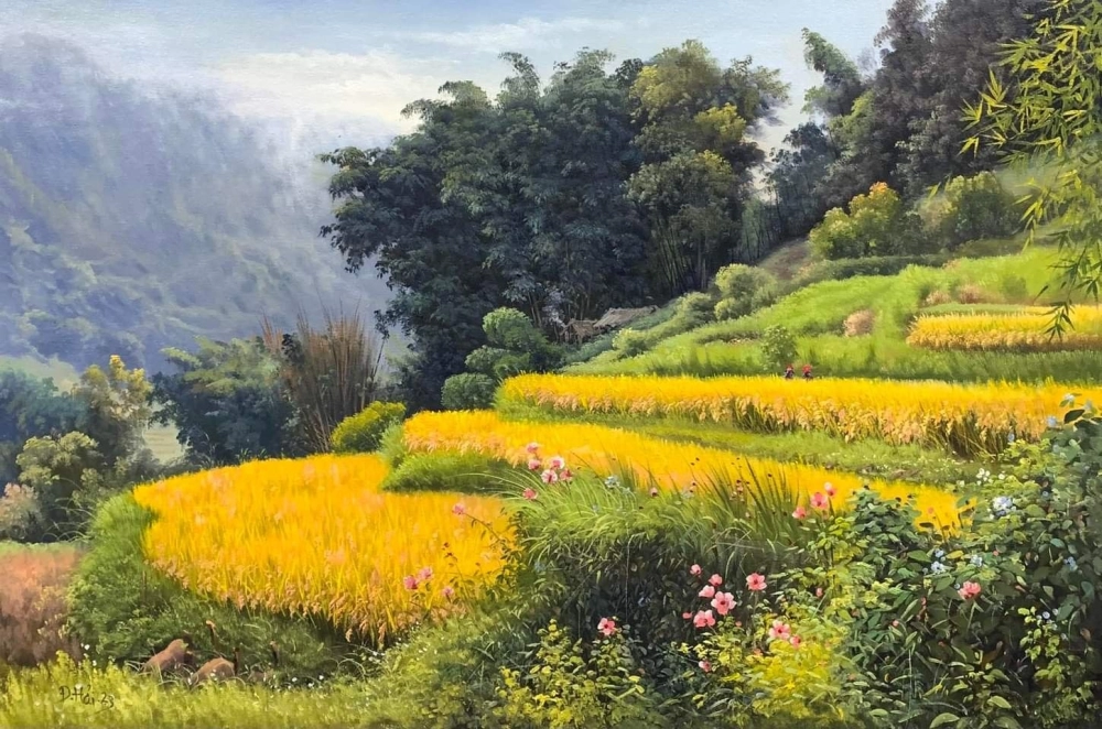 Tranh đồng lúa vàng đẹp lung linh dưới nắng mai